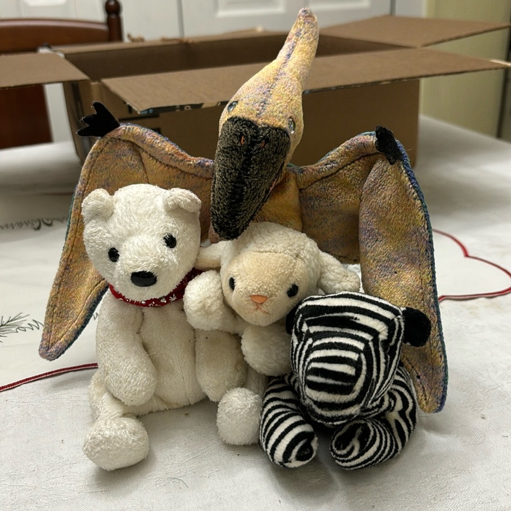 Quad of Random Beanie Babies: 2000 Holiday Teddy, Ziggy, Fleece, and Swoop